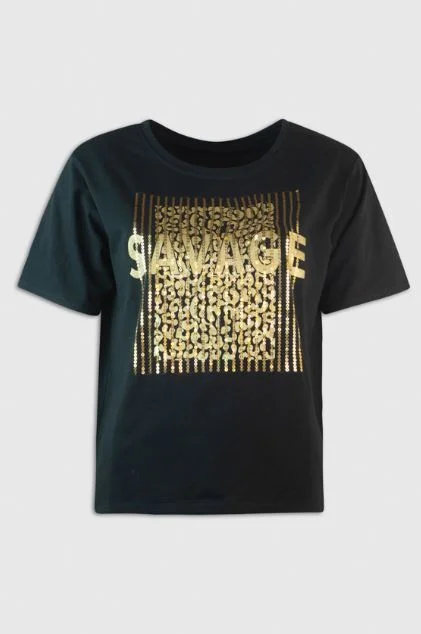 New Markdowns Md'M Black Tshirt With Gold Savage Sequin Print