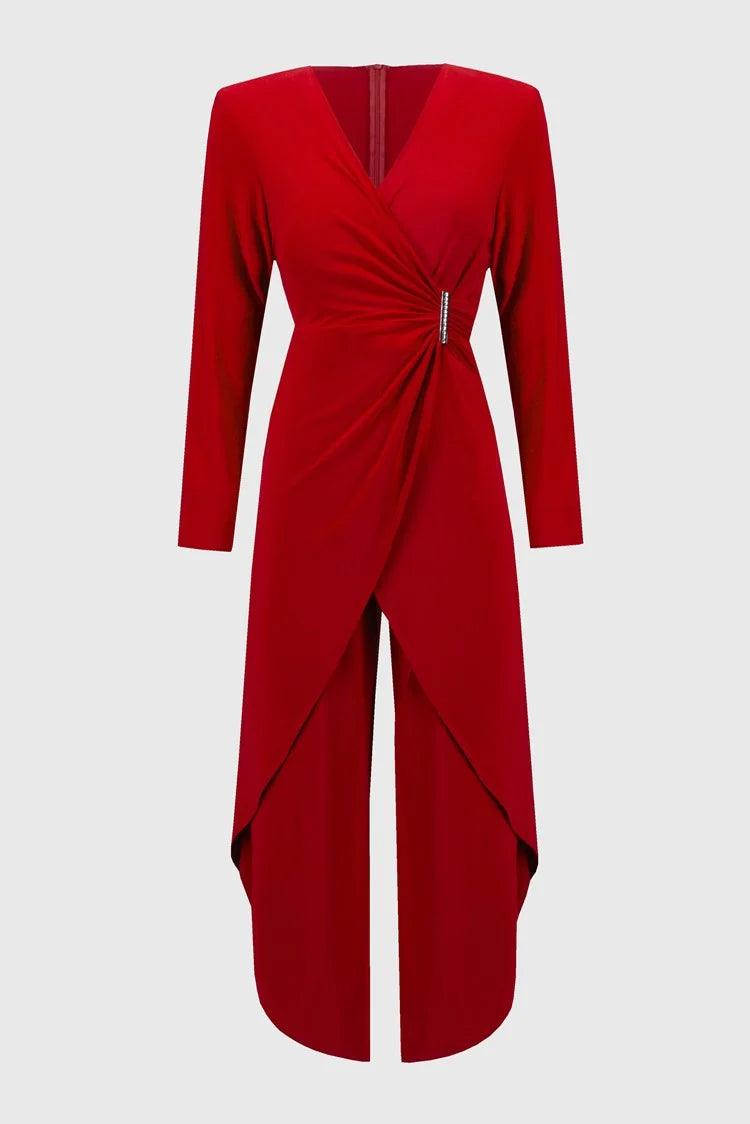 comfy maxi dressJoseph Ribkoff Lipstick Red Silky Knit Wrap Culotte Jumpsuit