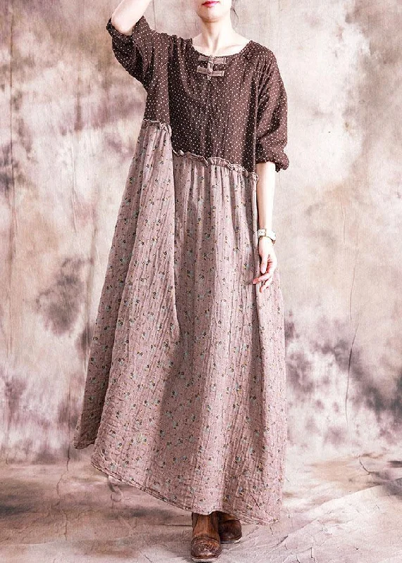 bohemian dressDIY o neck patchwork linen cotton clothes For Women Neckline brown print Dress fall