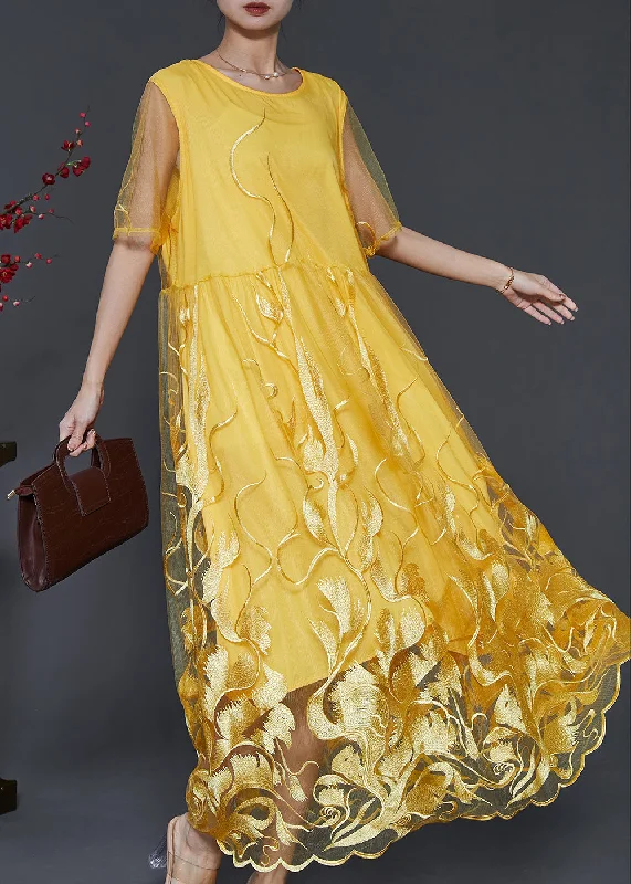 form-fitting dressModern Yellow Embroidered Hollow Out Tulle Dresses Summer