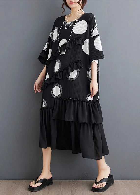 office dressPlus Size Black O Neck Ruffled Patchwork Chiffon Dress Summer