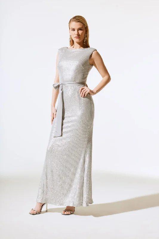 cocktail dressJoseph Ribkoff Silver Sequined Gown With Satin Sash