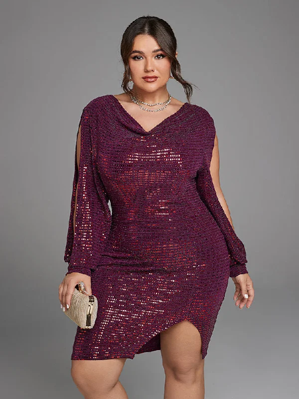 off-shoulder dressDraped Collar Split Sleeve Sequin Dress