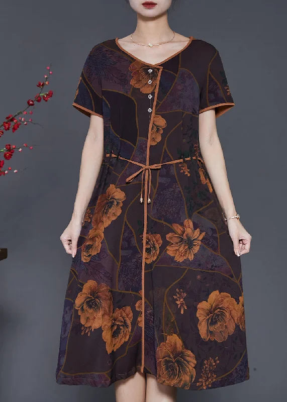 Value Deals Dull Purple Print Silk Holiday Dress Tie Waist Summer