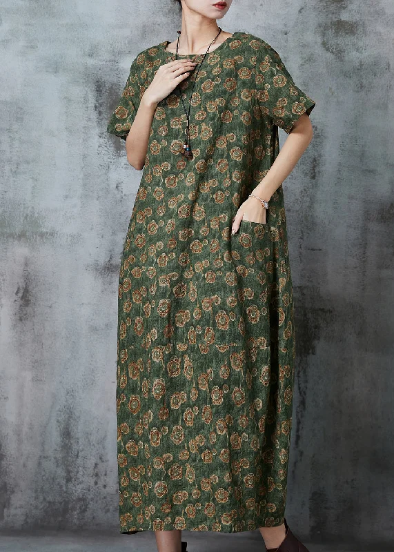 tiered dressGreen Print Linen Maxi Dresses Oversized Pockets Summer