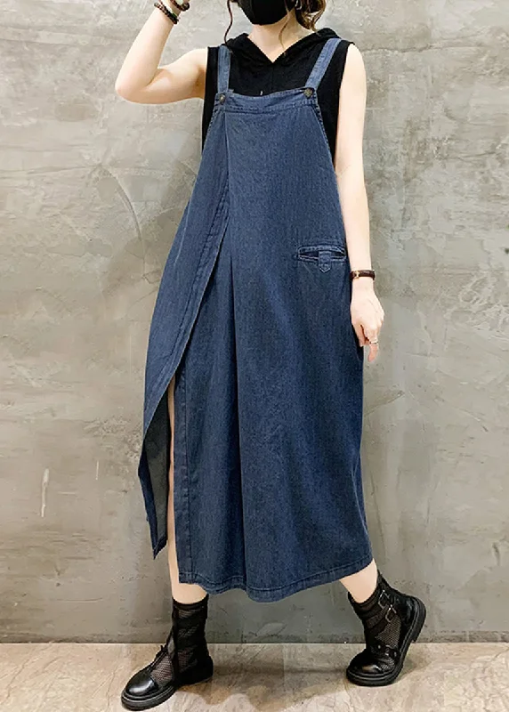 casual knit dressFrench Blue Pockets Side Open Denim Straps Dress Sleeveless