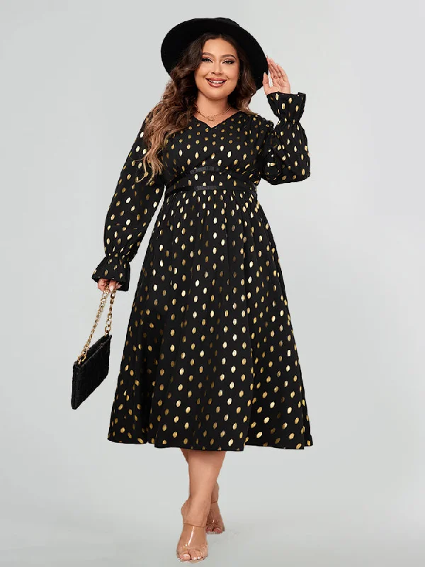 fitted cocktail dressGold Dot Print Lantern Sleeve Dress