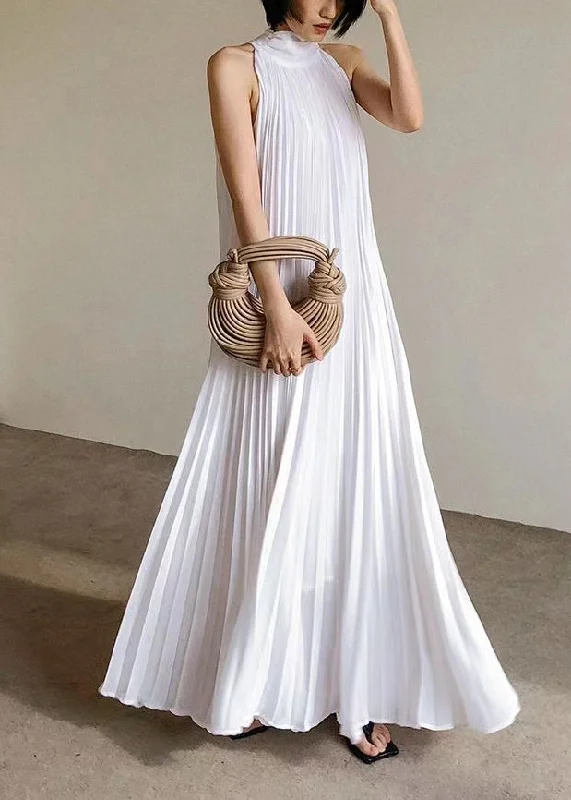 structured dressFrench White Pleated Hanging Neck Off Shoulder Long Dress Summer