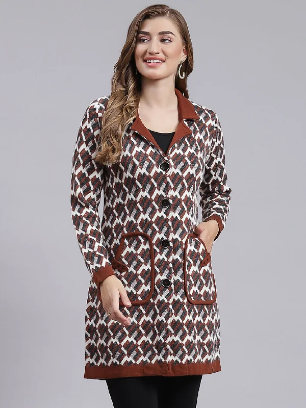 Deep Discounts Women Brown Jaquard Wool blend Knitted Coat