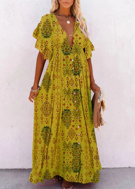 casual dressYellow V Neck Button Maxi Dresses Short Sleeve