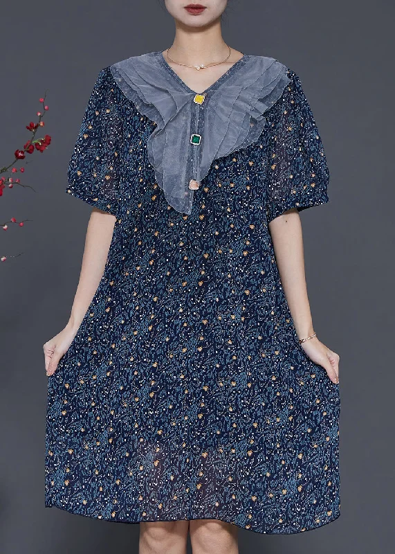 evening dressBeautiful Navy Peter Pan Collar Print Chiffon Maxi Dresses Summer