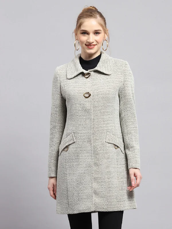 slim fit coatWomen Grey Self Design Collar Full Sleeve Coat