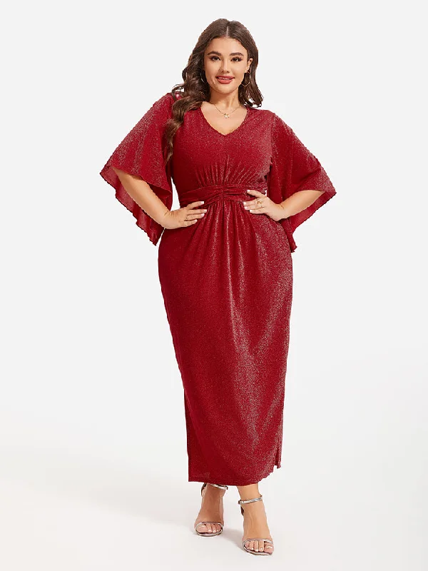 elegant shift dressFlare Sleeve Ruched Waist Glitter Maxi Dress