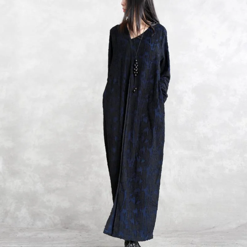 casual evening dressfashion dark blue Jacquard cotton blended dresses plus size V neck asymmetric linen clothing dress casual long sleeve baggy dresses