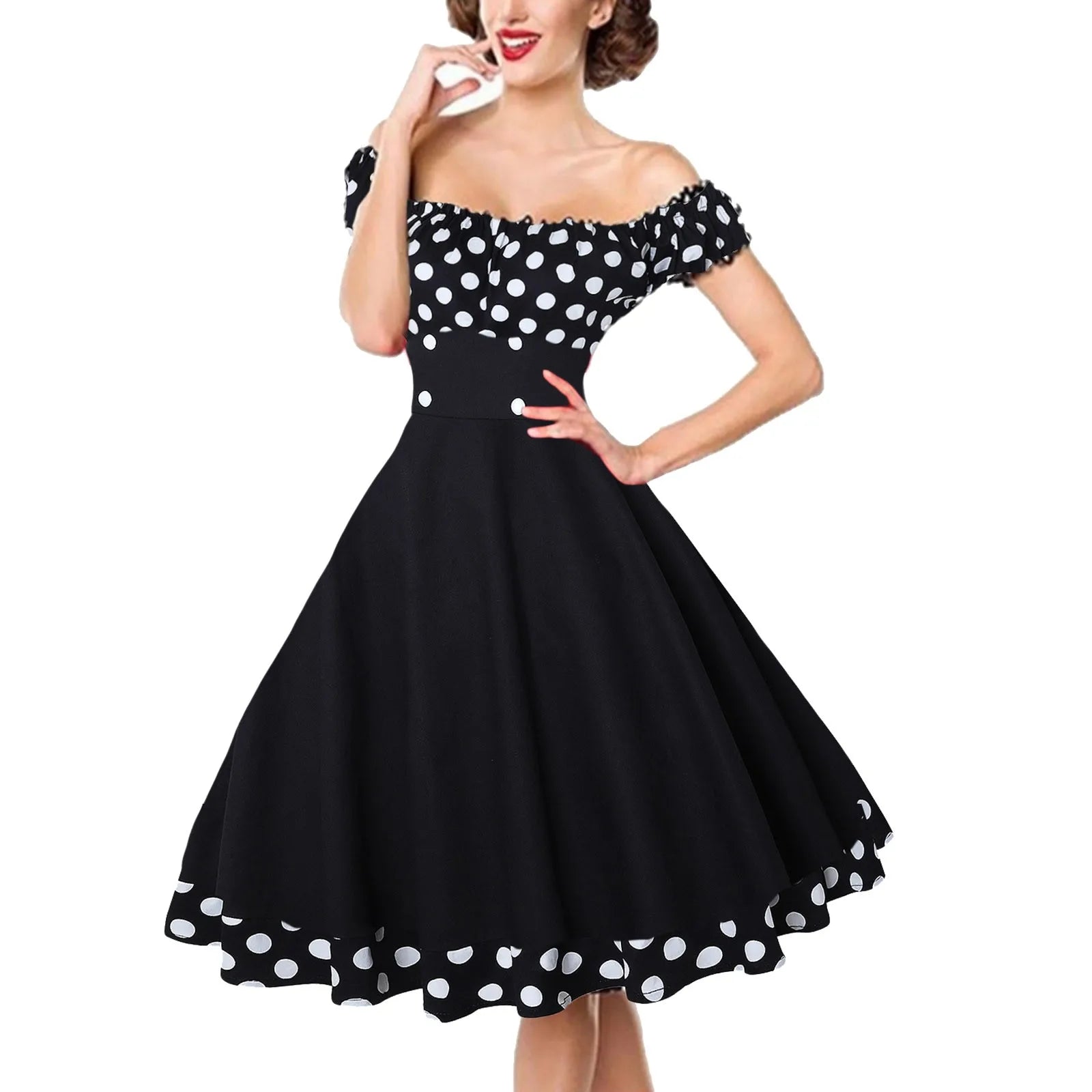Savings Spectacular JuliaFashion - Elegant Vintage Hepburn Women Black Red Off Shoulder Sleeveless A-Line Female Retro Rockabilly 50s Polka Dot Dress