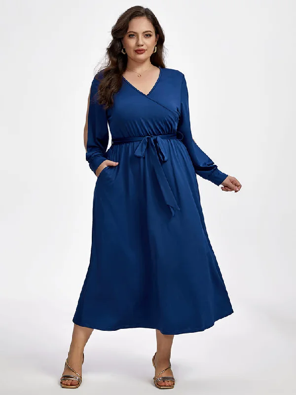 chic shift dressPlus Crisscross V-Neck Hollow Out Lantern Sleeve Pocket Tie Front Maxi Dress