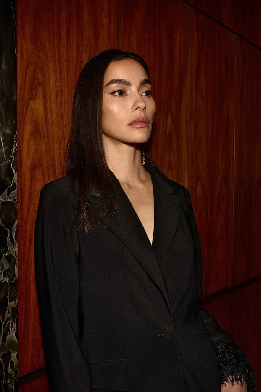 Price Slash Joseph Ribkoff Black Silky Knit and Novelty Straight Blazer