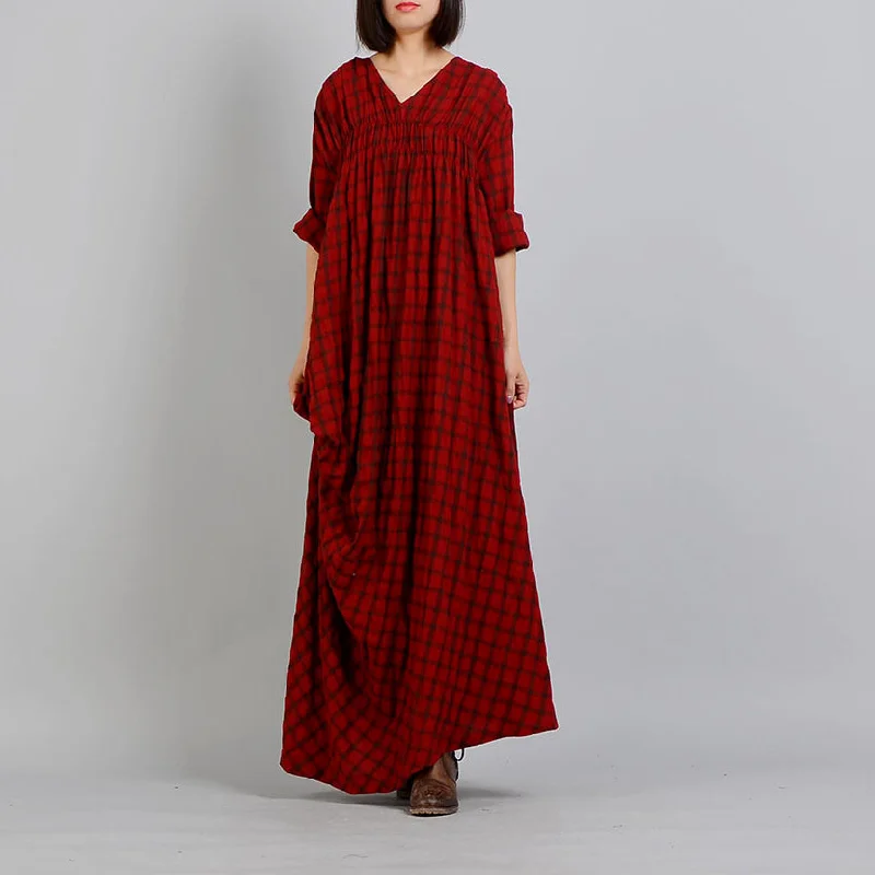 sleeveless dressvintage red Plaid casual v neck dress casual asymmetrical design maxi dresses