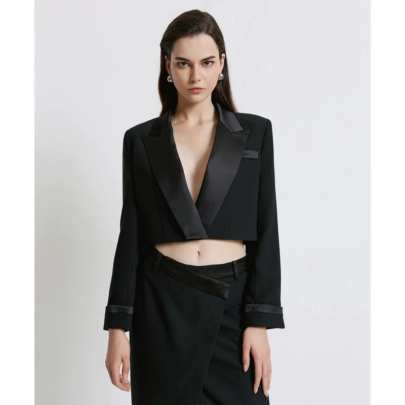 Major Savings Access Fashion Black Cropped Blazer With Satin Details