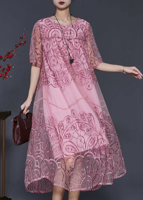 Closeout Stylish Pink Embroidered Tulle Vacation Dresses Summer