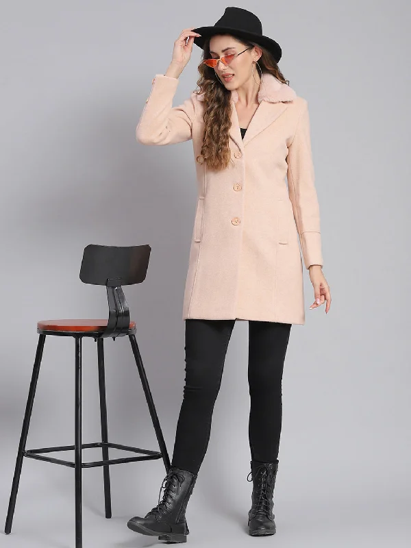 cold weather jacketWomen Pink Solid Lapel Collar Full Sleeve Coats