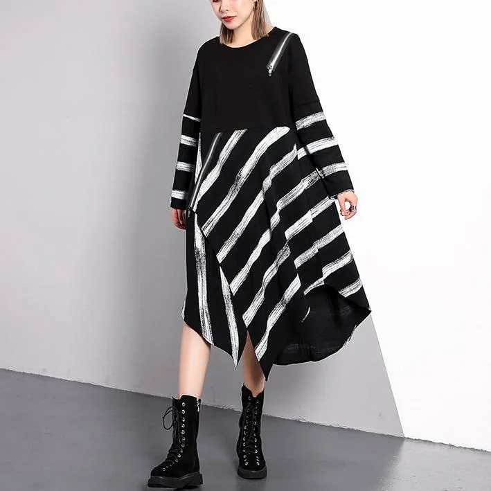 playful dressfine black striped 2018 fall plus size dresses asymmetrical design vintage O neck cotton blended dress