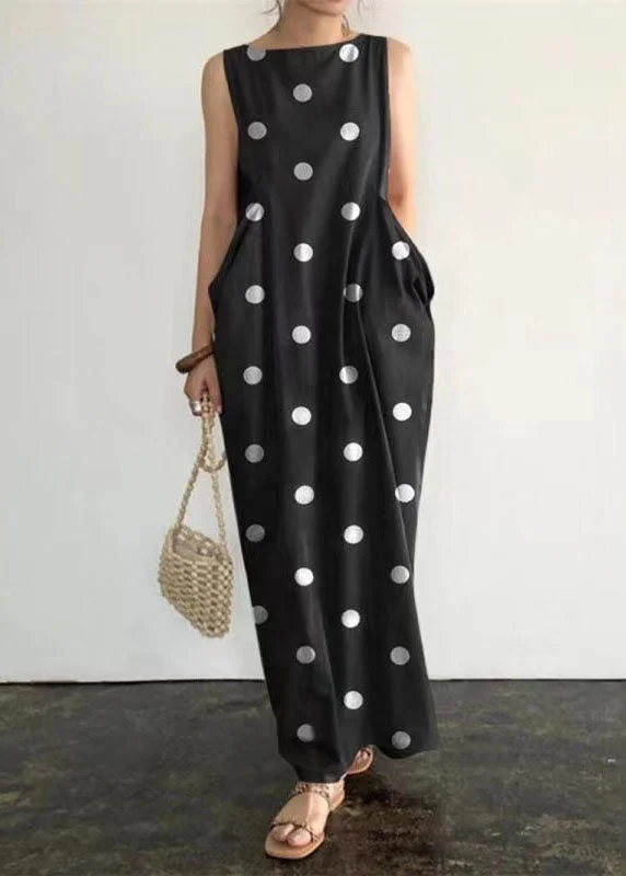 New Deals Grace Black Dot Print Pockets Long Dresses Sleeveless