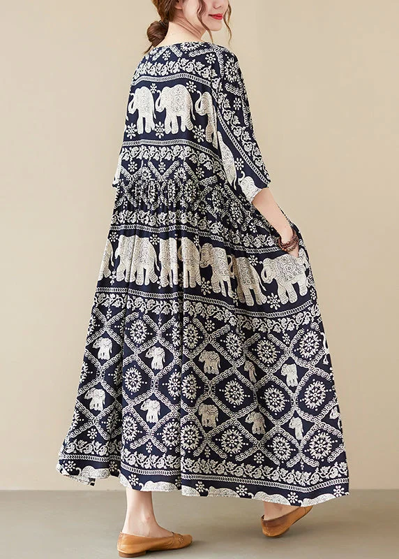 Discount Mania Loose Black O-Neck Print Maxi Dress Half Sleeve