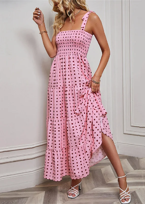 Buy Now Pink Print Cotton Spaghetti Strap Dress Elastic Waist Summer