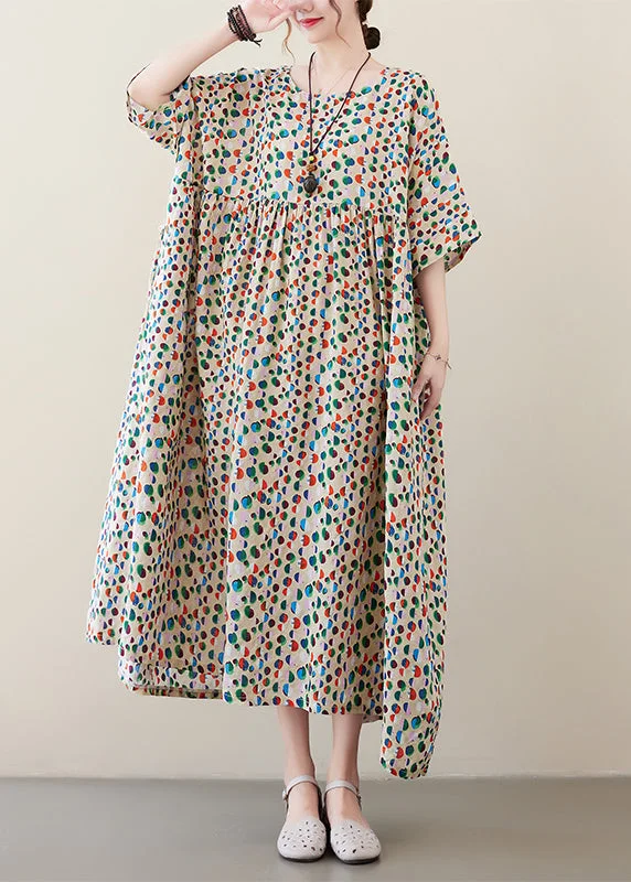 long-sleeve floral dressArt Light Khaki O-Neck Dot Print Pockets Long Dresses Summer