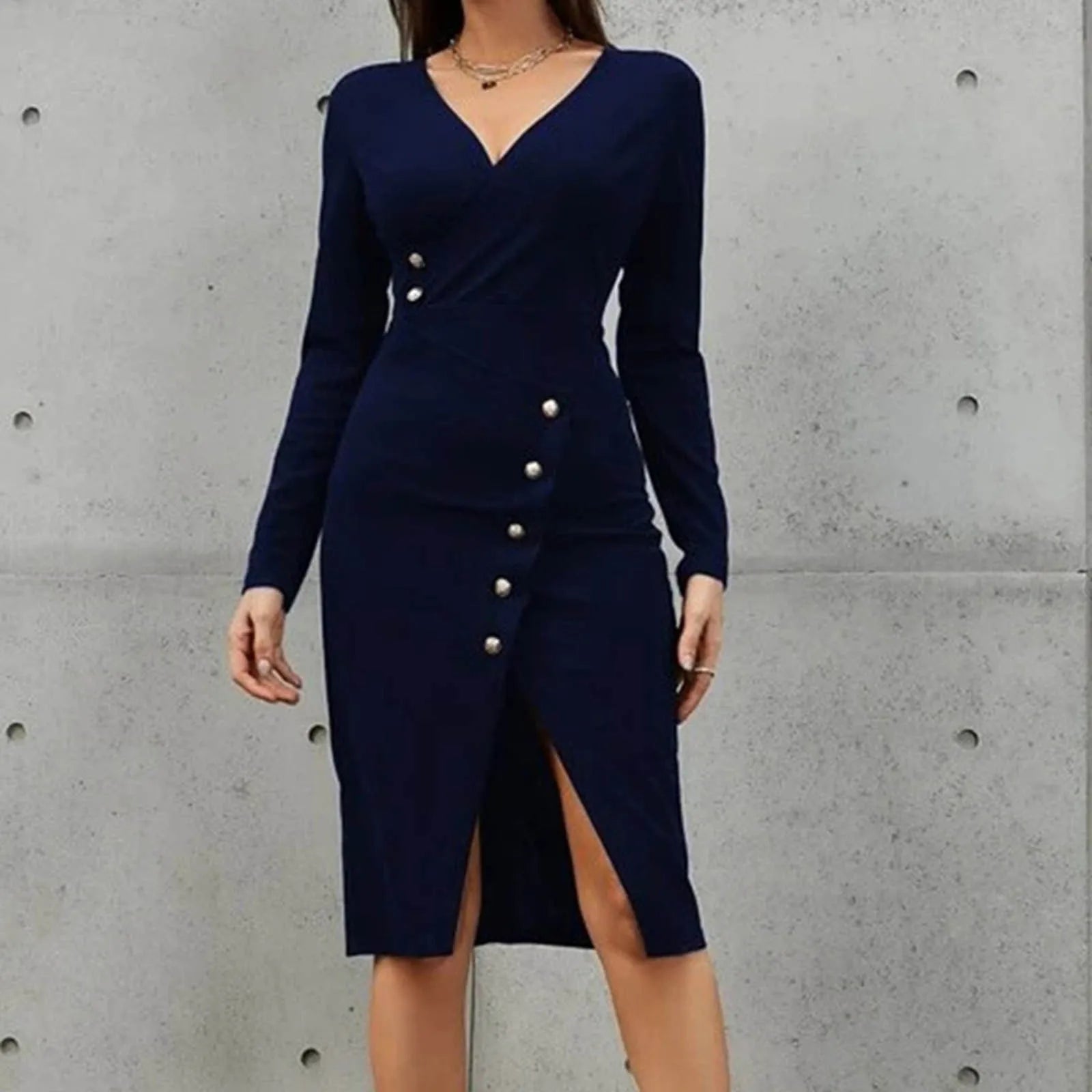 Grand Opening Sale JuliaFashion - Autumn Winter Women Suit Sexy Deep V Neck Slim Hip Split Button Long Sleeved Elegant Office Lady Midi Dress