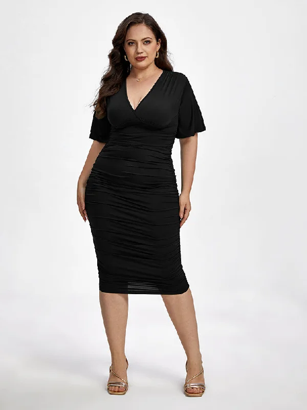 shift dressPlus Plain V Neck Ruched Ruffle Sleeve Party Midi Dress