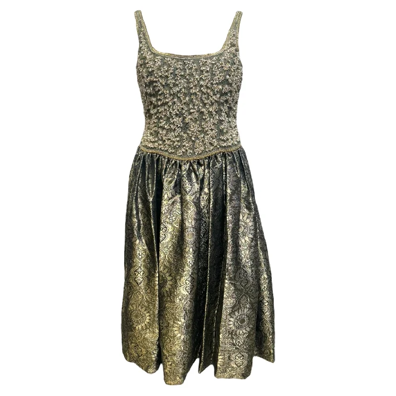 Discount Mania Beaded Jacquard Gown Dress Designer By Escada Couture In Green / Gold, Size: 8