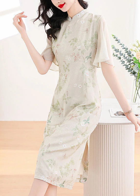 cocktail party dressNew Chinese Style Stand Collar Print Chiffon Dress Butterfly Sleeve