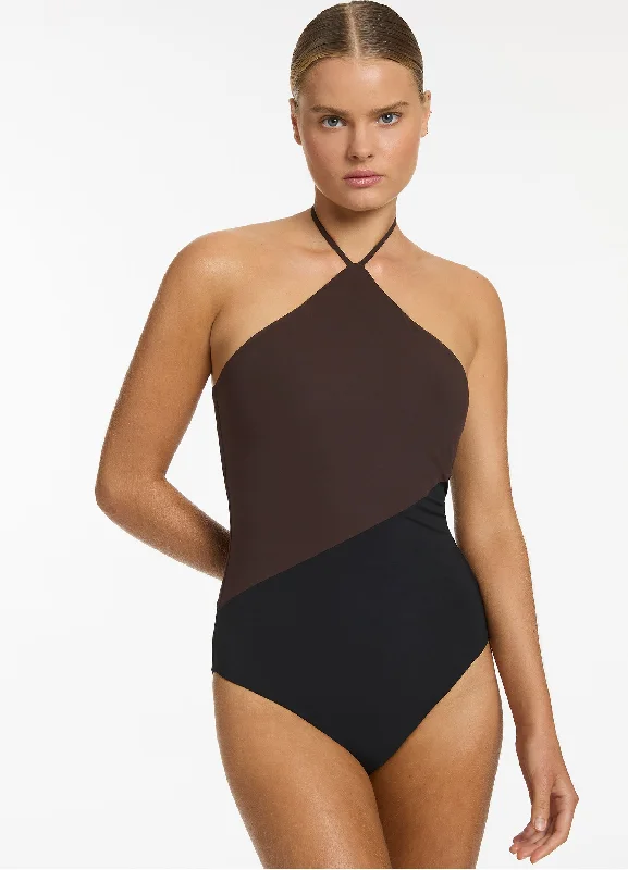 Super Sale Versa High Neck Halter One Piece - Black/Chocolate