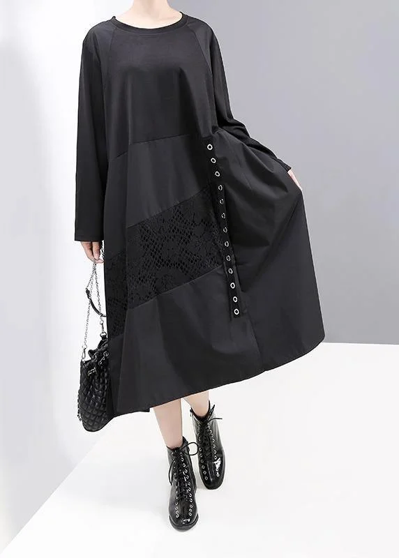 elegant shift dressWomen black patchwork cotton quilting dresses long sleeve Robe o neck Dresses