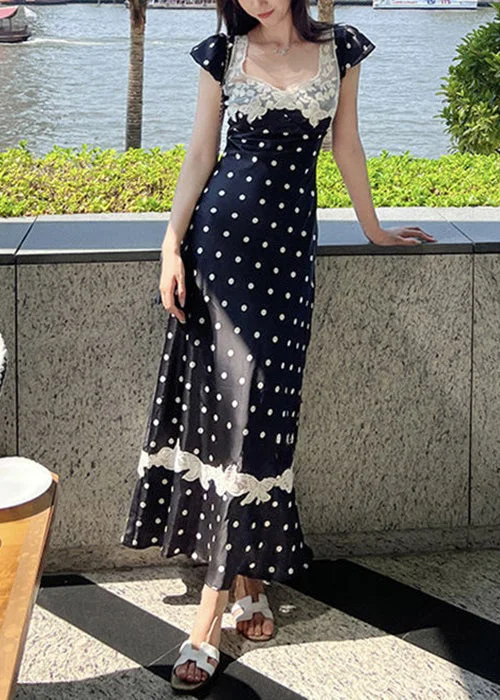 trendy dressNew Black Print Lace Patchwork Long Dresses Summer