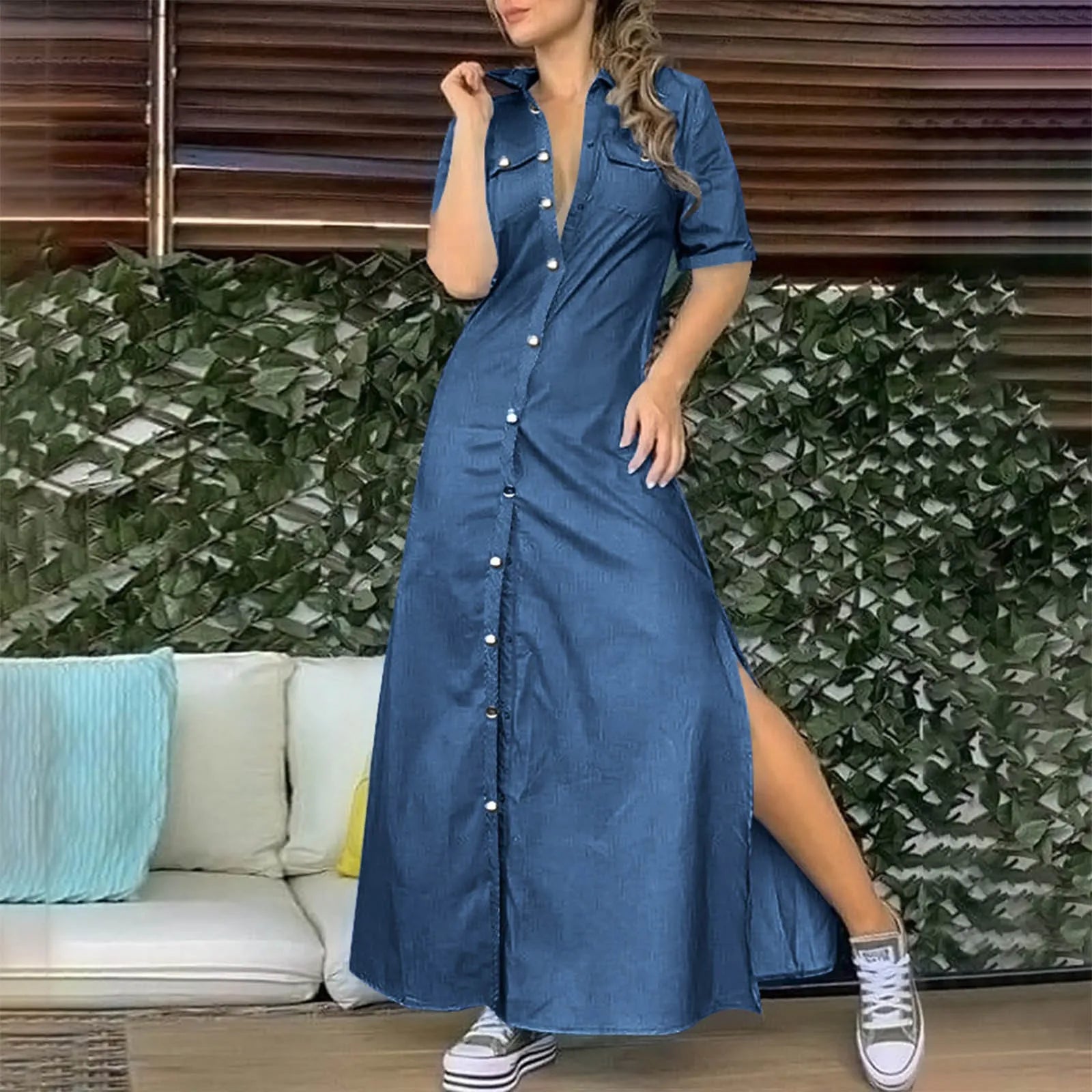 boho-chic dressJuliaFashion - Fashion Pockets Denim Turndown Collar Half Sleeve Single Breasted Slit Long Elegant Maxi Dress