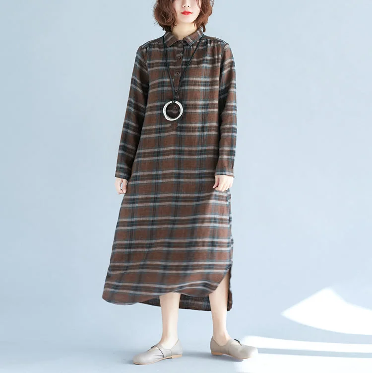 denim dressvintage chocolate Plaid cotton linen caftans plus size Turn-down Collar baggy dresses casual long sleeve dresses