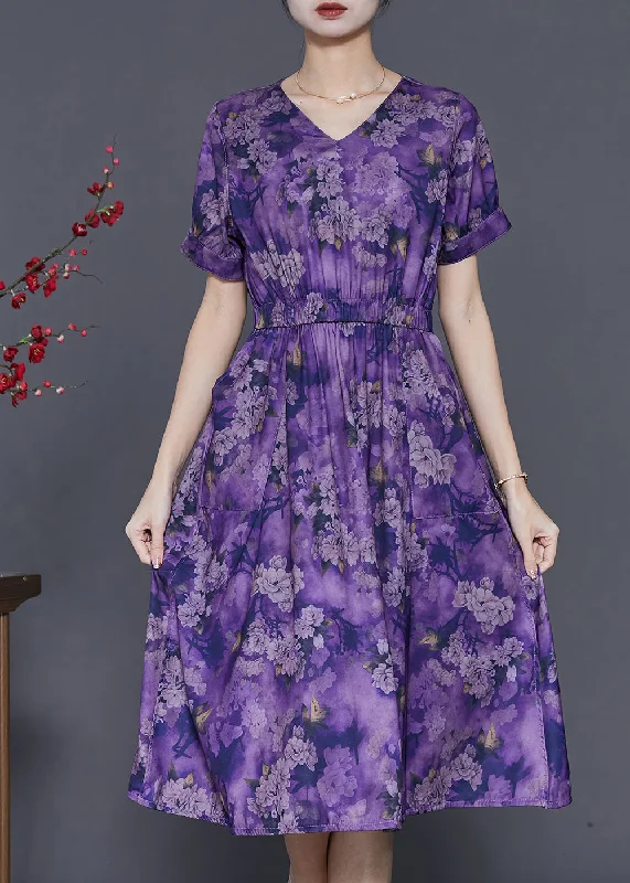 fitted dressPurple Print Cotton Long Dresses Cinched Summer