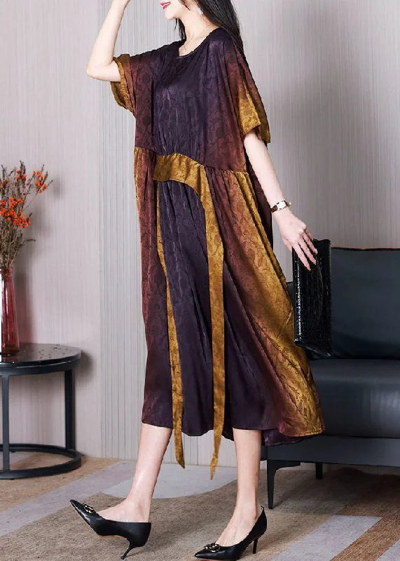 trendy dressJacquard Gradient Color O Neck Patchwork Silk Long Dresses Summer