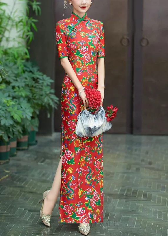 velvet dressNew Red Button Print Cotton Long Dresses Summer