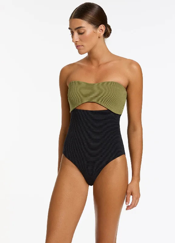Limited Time Versa Rib Cut Out Bandeau One Piece - Black/Moss