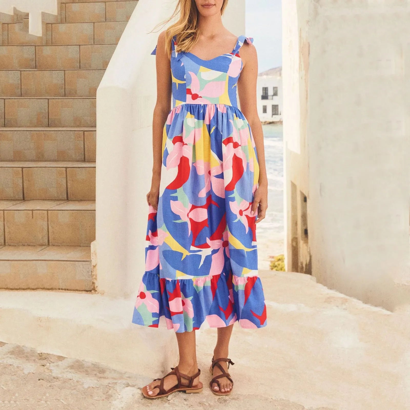 off-shoulder dressJuliaFashion - 2024 Summer Women's Fashion Print Strap Maxi Sleeveless A-Line Mid Waist Party Beach Casual Boho SunVestidos Dress