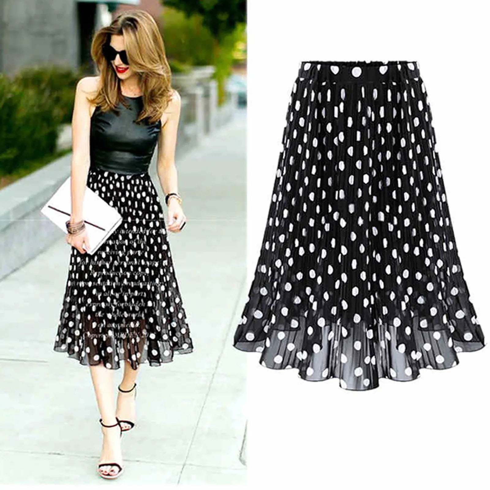 luxury dressJuliaFashion - Pleated Chiffon Tulle Polka Dot Vintage Flared Skirt Dress