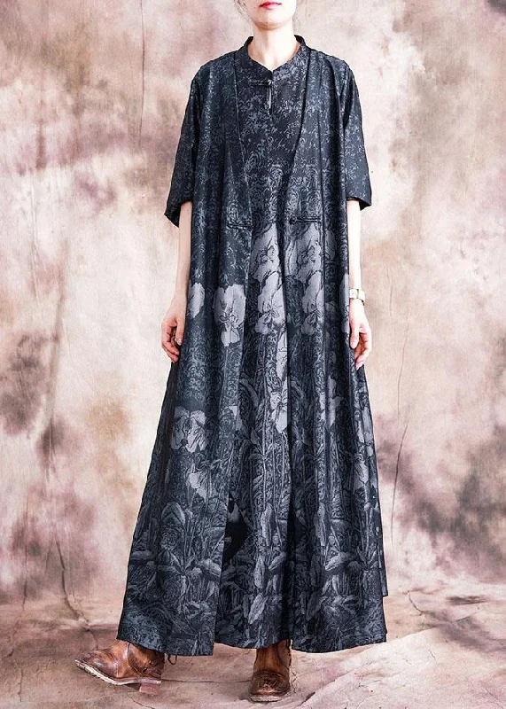 velvet dressStyle black print cotton Tunic stand collar Chinese Button sleeveless Kaftan fall Dress