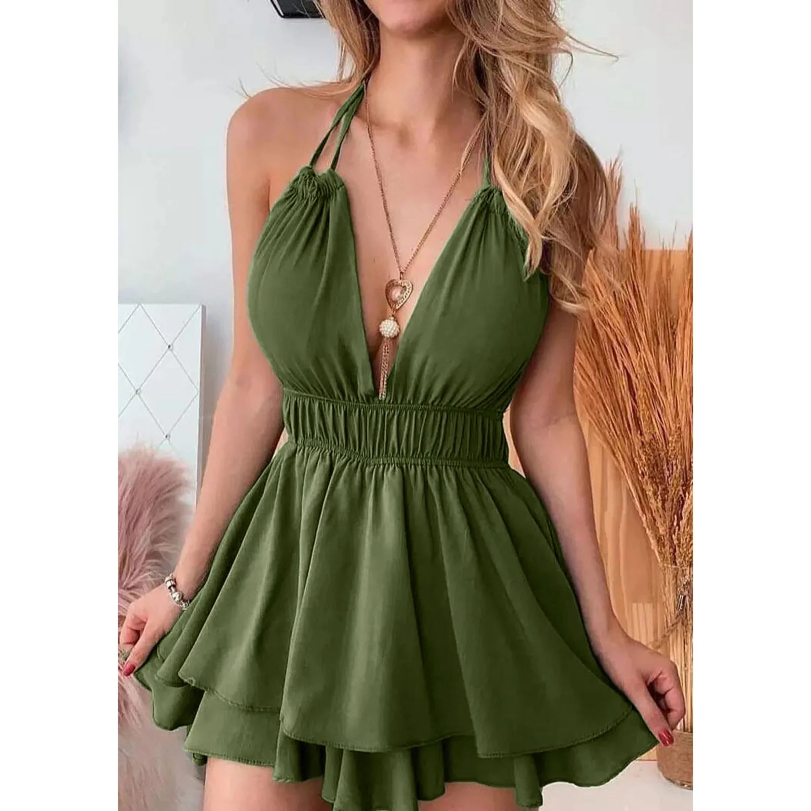 sleeveless dressJuliaFashion - Deep V Neck Slip Sun2024 New Femme Ruched Irregular Hem Summer Backless Sexy Backless Sleeveless Mini For Women Dress