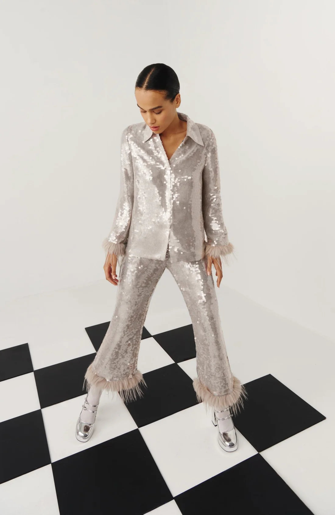 high-waisted dressCelia B Oasis Dazzling Sequin & Feather Trim Grey Shirt & Trousers