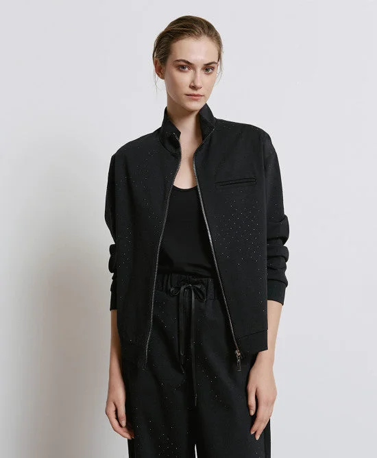Factory Direct Sale Access Fashion Black Bomber Jacket With Rhinestones