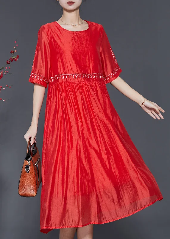 Sale Event Modern Orange Embroidered Linen Silk Dress Summer